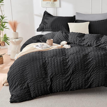HYMOKEGE Black/Light Grey King Size Comforter Set Seersucker 7 Pieces, All Season Luxury Bed in a Bag for Bedroom, Bedding Set with Comforter, Sheets, Pillowcases & Shams