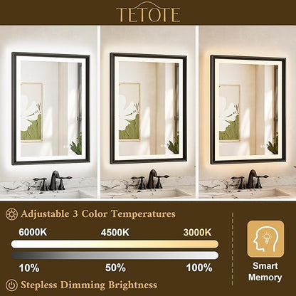 TETOTE 40x24 LED Bathroom Mirror with Lights Black Metal Framed Front & Back Light Vanity Mirror Baroque Gothic Antifog Stepless Dimmable White/Warm/Natural,CRI90+,Waterproof(Horizontal/Vertical)