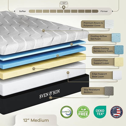 Sven and Son Essential Adjustable Bed Base (Frame) + 12 inch Memory Foam Matt (Medium), Easy Assembly, Head and Foot Lift, Memory Positions, Zero Gravity, Wireless Remote - Twin XL