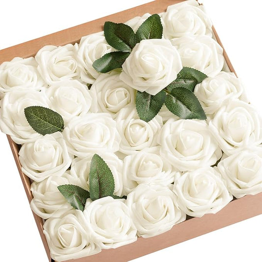 Ling's moment Artificial Flowers 50Pcs Ivory Roses Decor w/Stems,3" Real Touch DIY Foam Floral for Wedding Bouquet/Centerpieces, Outdoors Party Backdrop, Room/Table, and Garden/Pot Decorations