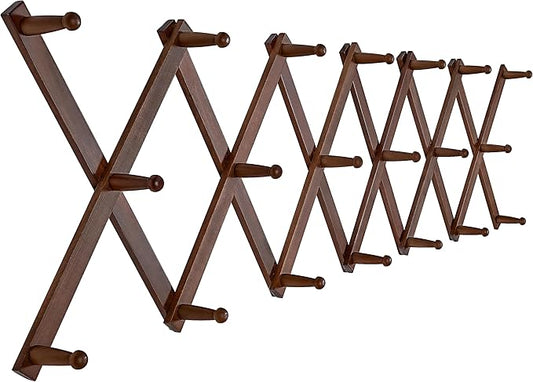 SKOLOO Hat Rack for Wall with 20 Hooks, Solid Wooden, Modern, Expandable Coat Rack Wall Mount for Coats, Hats, Bags, Baseball Caps, Walnut Color