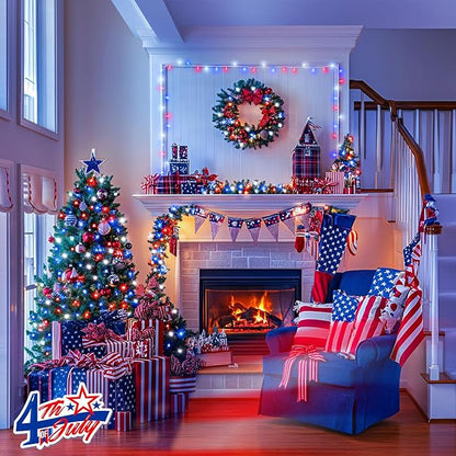 JMEXSUSS 2 Pack Red White and Blue Lights Outdoor, 33ft 100 LED 4th of July Lights Battery Operated, 8 Modes Patriotic Decorations for Indoor Outside Independence Day American Flag Holiday
