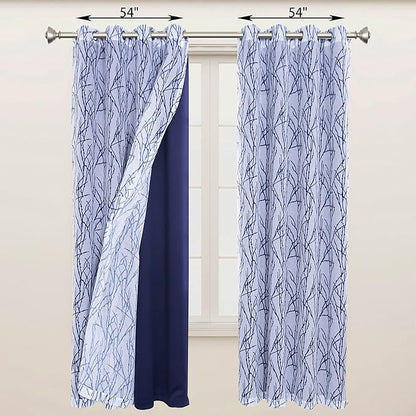 BONZER Mix and Match Curtains - 2 Pieces Branch Print Sheer Curtains and 2 Pieces Blackout Curtains for Bedroom Living Room Grommet Window Drapes, 54x84 Inch/Panel, Indigo, Set of 4 Panels