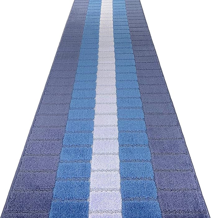 Custom Size Coastal Nautical Style Runner Rug Carpet for Hallway Entryway, Slip Resistant Latex Rubber Backed, 31 inch Wide X Customized Length, Squares Blue, 31 inch X 17 feet
