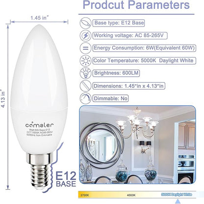comzler E12 LED Bulb Candelabra Led Light Bulbs, 60W Equivalent, Daylight 5000k Ceiling Fan Light Bulbs 600LM, Type B Shape Chandelier Light Bulb, Non-Dimmable, 8-Pack
