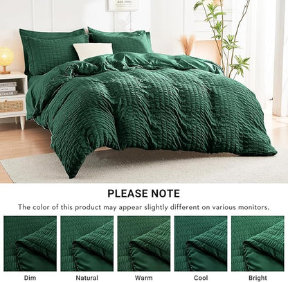 HYMOKEGE Emerald Green Queen Comforter Set Seersucker 7 Pieces, All Season Luxury Bed in a Bag Queen for Bedroom, Bedding Set with Comforter, Sheets, Pillowcases & Shams