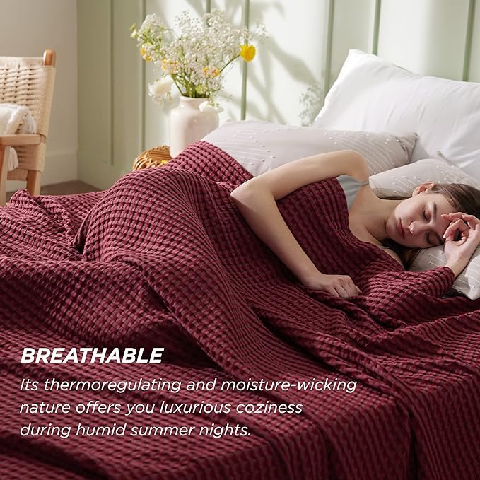 Bedsure Cooling Cotton Waffle King Size Blanket - Lightweight Breathable Blanket of Rayon Derived from Bamboo for Hot Sleepers, Luxury Throws for Bed, Couch and Sofa, Burgundy, 104x90 Inches