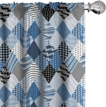 Ambesonne Geometric Window Curtains, Geometrical Diamond Shaped Lines with Various Nostalgic Fashioned Old Pattern, Decorative Panels Set of 2 with Rod Pocket, Pair of - 28" x 63", Black Blue