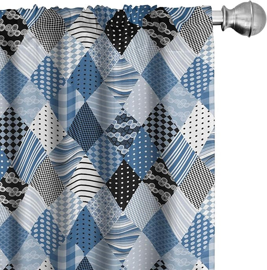 Ambesonne Geometric Window Curtains, Geometrical Diamond Shaped Lines with Various Nostalgic Fashioned Old Pattern, Decorative Panels Set of 2 with Rod Pocket, Pair of - 28" x 63", Black Blue