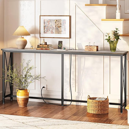 SUPERJARE 70 Inch Console Table with Outlets and USB-C Port, Extra Long Behind Couch Sofa Table with X-Shaped Design, Narrow for Entryway, Living Room, Metal Frame, Wooden Top, Grey