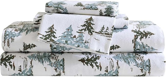 Eddie Bauer - Flannel Sheets Twin Size, Anti-Pilling & Wrinkle Resistant Cotton, Touchably Soft for All-Season Comfort - Bed Sheets with Matching Pillowcase & Fitted Sheet (Snowy Pine Trees Green)