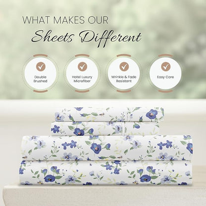 Linen Market Double-Brushed Patterned Microfiber Full Sheet Set 4 Piece – Oeko-TEX Certified Ultra Soft & Wrinkle-Free - 16" Deep Pocket Sheets - Easy Care Full Size - Blossoms Light Blue