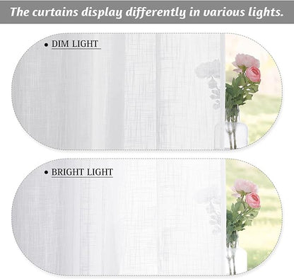 RYB HOME White Curtains Sheer - Linen Textured Wave Semi Sheer Farmhouse Window Curtain Set for Bedroom Living Room Office Diffuse Sunlight Furniture Protect, 52 x 90 inches, 1 Pair