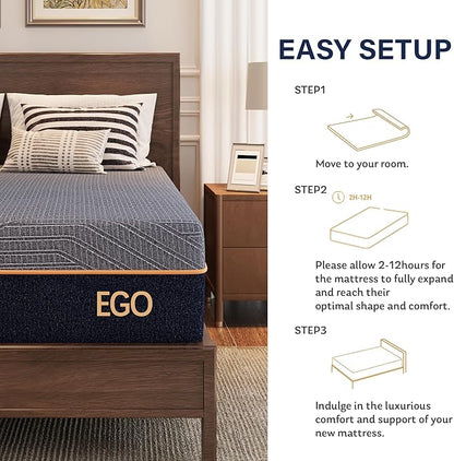 EGOHOME 12 Inch Full Mattress, Copper Gel Cooling Memory Foam Mattress for Back Pain Relief,Therapeutic Double Mattress Bed in a Box, Made in USA, CertiPUR-US Certified, 54x75x12 Black