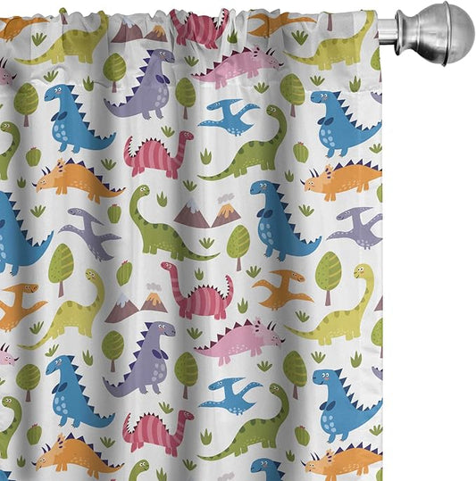 Ambesonne Dino Window Curtains, Cartoon Style Colorful Dinosaurs T-Rex Triceratops Prehistoric Reptile Wildlife, Lightweight Decor 2-Panel Set with Rod Pocket, Pair of - 28" x 84", Blue Green