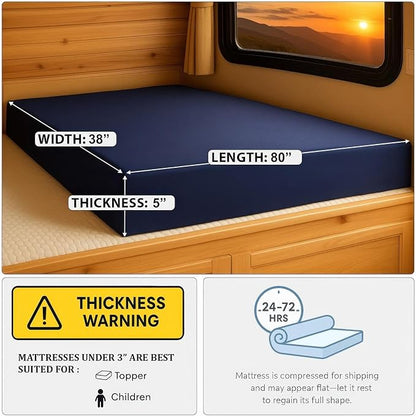 Foamma 5” x 38” x 80” Water Resistant Gel Memory Foam RV Bunk Mattress, Firm High Density Foam Base, Comfortable and Durable Polyester Cover, Truck, Camper, Travel Trailer, Made in USA