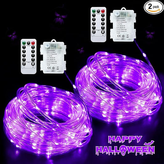 JMEXSUSS 2 Pack Purple Lights Battery Operated Halloween Lights Outdoor Waterproof, Each 33 ft 100 LED Battery Powered Rope Lights, Purple String Light with Remote for Balcony Garden Halloween Decor