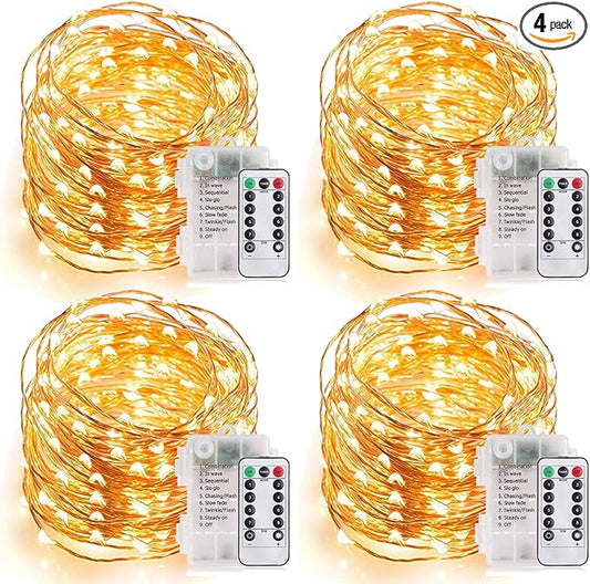MUMUXI 4 Pack 33ft Fairy Lights with Remote Control, 100 LED Battery Operated String Lights, Waterproof and Perfect for Outdoor Indoor Decorations, Warm White LED Christmas Halloween Lighting