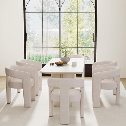 Modern Barrel Dining Chair, Linen Upholstered Accent Side Chair with Arms Comfy Makeup Vanity Chair, Dining Living Room Kitchen Chair, Beige