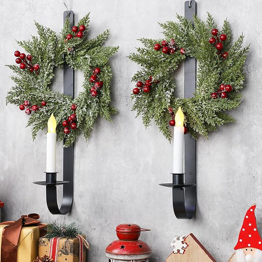2 Set Christmas Metal Wall Candle Sconce Holder Wall Mount Candle Holder with Berry Wreath for Farmhouse Living Room Entryway Fireplace Bedroom Bathroom Decor, Only Applicable to LED Candles