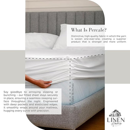 Linen Home 100% Cotton Percale Sheets California King Size, White, Deep Pocket, 4 Pieces Set - 1 Flat, 1 Deep Pocket Fitted Sheet and 2 Pillowcases, Crisp Cool and Strong Bed Linen