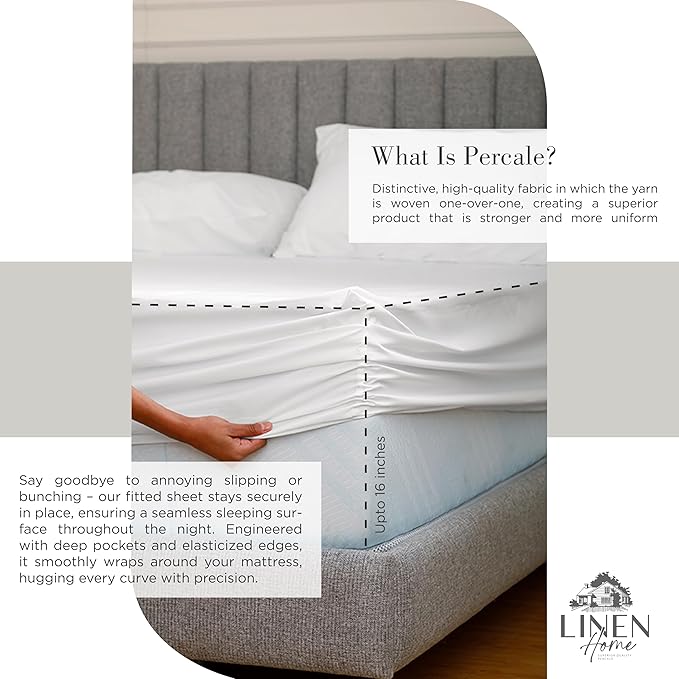 Linen Home 100% Cotton Percale Sheets Twin Size, White, Deep Pocket, 3 Pieces Set - 1 Flat, 1 Deep Pocket Fitted Sheet and 1 Pillowcase, Crisp Cool and Strong Bed Linen