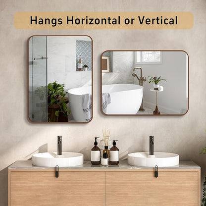 18"x24" Brushed Bronze Bathroom Mirror for Wall, Rounded Rectangle Mirror with Brown Metal Frame Hanging for Bathroom Entryway Vanity,Living Room,Bedroom,Vertical or Horizontal