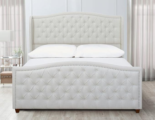 Jennifer Taylor Home Marcella Upholstered Shelter Headboard Bed Set, King, Antique White Polyester