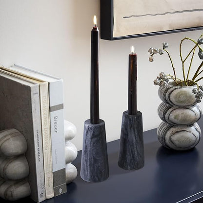 HofferRuffer Marble Candlestick Holders，Set of 2 Natural Stone Candle Holder Decorative Candle Stands for Wedding, Dinning, Party, Table Centerpieces, Fit 3/4'' Thick Taper Candles (Grey Black)