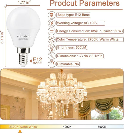 comzler A15 LED Bulbs 60W Equivalent, Warm White 2700K,E12 Small Base LED Round Light Bulb for Ceiling Fan, No Dimmable，Pack of 6