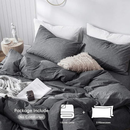 MooMee Bedding Duvet Cover Set 100% Washed Cotton Linen Like Textured Breathable Durable Soft Comfy (Heathered Dark Grey, Queen 90"x90")