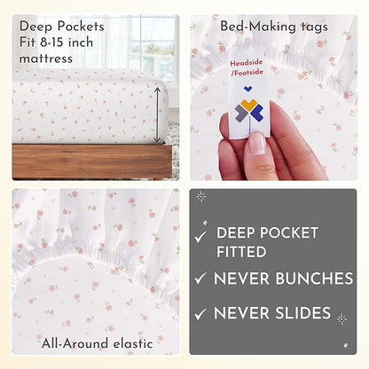 California Design Den Printed Twin XL Sheet Sets - 400 Thread Count Sateen, Natural 100% Cotton Bed Sheets, Deep Pockets, Cooling and Durable Bedding Set - Soft Floral