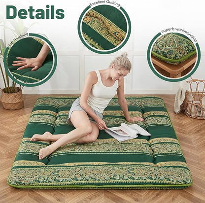 Japanese Floor Mattress, Futon Mattress with Portable Storage Bag and Washable Cover, Roll Up Thick Tatami Mat Suitable for Camping, Guest Room (Boho Green, Full)