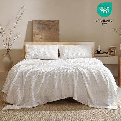 PHF 100% Cotton Waffle Weave Blanket Twin Size for Bed, Soft Lightweight & Breathable, All-Season Comfort, Luxury Aesthetic Woven Bedding for Home Decor, 66"x90", White