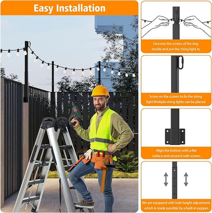 4 Pack 2.8Ft Suspension Outdoor String Light Poles for Outside String Lights Hanging,with Clip and Holder,Light Post Mounting Stand for Patio Fence Wall Garden Backyard Deck