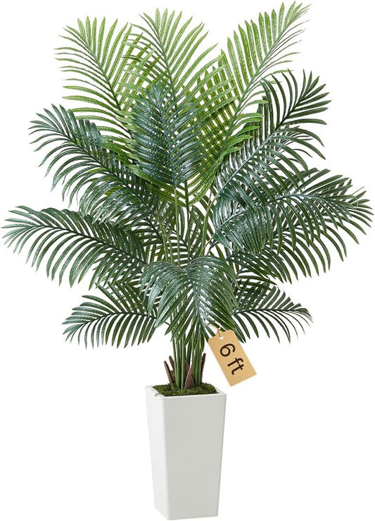 VEVOR Artificial Areca Palm Tree 6 ft, Fake Palm Tropical Plants with White Tall Planter, Faux Floor Silk Plant in Pot, Large Trees for Home Office Living Room Decor House Warming, Indoor Outdoor