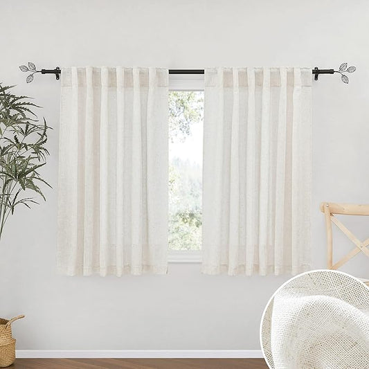 RYB HOME Linen Sheer Curtains - Faux Linen Semi Transparent Window Drapes Privacy UV Protection Short Curtains for Living Room, Home Office, Car, Kitchen, 52 Wide by 36 Long inches, 2 Pcs