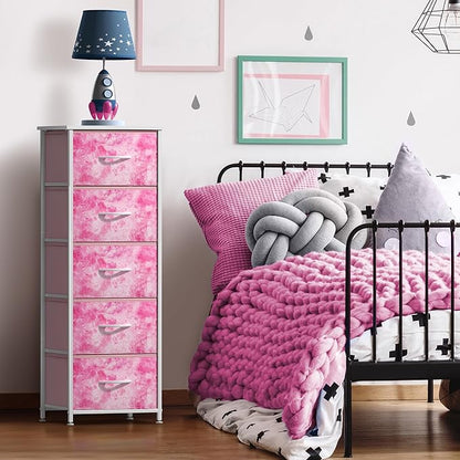 Sorbus Fabric Dresser for Kids Bedroom - Chest of 5 Drawers, Tall Storage Tower, Clothing Organizer, for Closet, for Playroom, for Nursery, Steel Frame, Fabric Bins - Wood Handle (Tie-dye Pink)