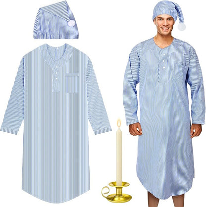 Toulite 4 Pcs Men's Pajama Set Includes Men's Nightshirt Night Sleeping Cap Candle Holder and Candle for Halloween Christmas(X-Large)