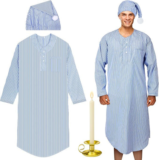 Toulite 4 Pcs Men's Pajama Set Includes Men's Nightshirt Night Sleeping Cap Candle Holder and Candle for Halloween Christmas(2x-large)