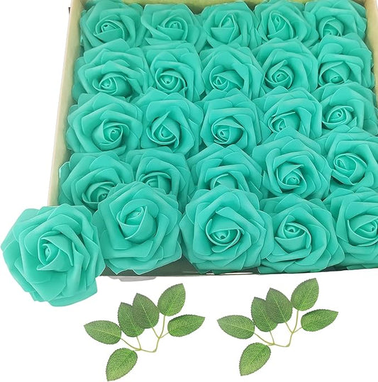 Artificial Rose Flowers 25pcs, Turquoise Blue Foam Fake Rose Faux Flower for Wedding Bouquets Bridal Shower Centerpieces Floral Arrangements Home Decorations Party Backdrops Table