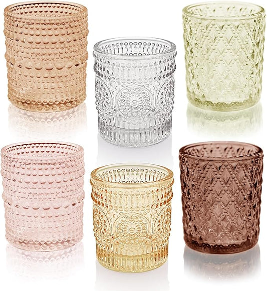 12 pcs Glass Votive Candle Holders, 6 Colors 3 Patterns Tealight Candle Holders for Fall Wedding Table Centerpiece Birthday Decoration