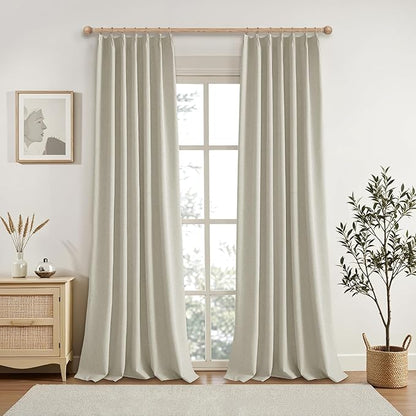 KangBang Full Blackout Pinch Pleat Curtains 102 Inches Long, Pleated Linen Drapes 2 Panels Set for Living Room Dining with Hooks, Thermal Insulated & Noise Reducing, 42Wx102L, Linen Color