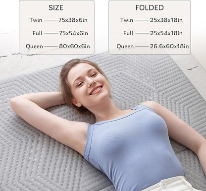 Tri-Fold Memory Foam Mattress, 6 inch Full Folding Topper with Collapsible and Washable Cover, Travel and Guest Mat, 75"×54"×6", Grey