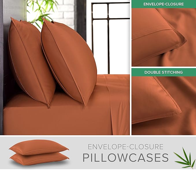 Queen Sheets by Pure Bamboo, Genuine 100% Organic Viscose Derived from Bamboo Bed Sheet Set, Luxuriously Soft & Cooling, Double Stitching, Lifetime Quality Promise (Queen, Terracotta)