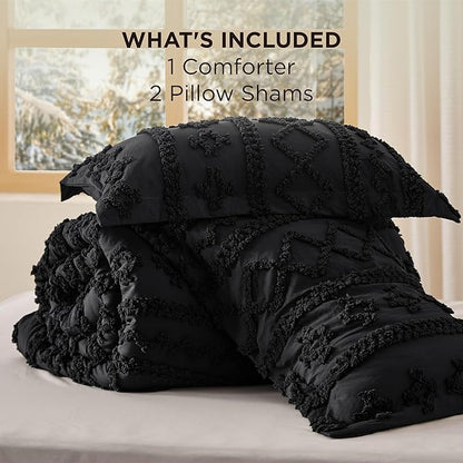 Bedsure Tufted Boho Comforter Set Oversized Queen - Black Boho Bed Set, GentleSoft™ 3 Pieces Farmhouse Shabby Chic Embroidery Bedding, Gifts for Woman, Soft Jacquard Comforter for All Seasons