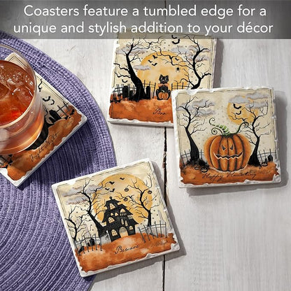 Thirstystone Haunted Valley 4 Pack Assorted Tumbled Tile Stone Coasters with Protective Cork Backing 4" Square Manufactured in The USA