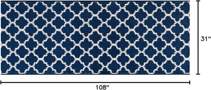 Custom Size Cut to Length Moroccan Trellis Design Runner Rug Mat For Wide Long Hallways with Non-Slip Rubber Backing, Better Traction for Pets, Prevent Slippage, Trellis Navy Blue, 31 inch X 9 feet