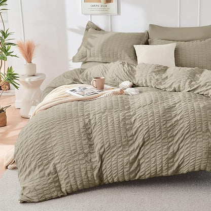 HYMOKEGE Linen Twin Comforter Set Seersucker 5 Pieces, All Season Luxury Bed in a Bag for Bedroom, Bedding Set with Comforter, Sheets, Pillowcase & Sham