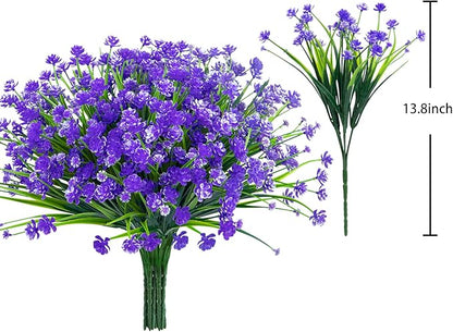 Ouddy Decor 24 Bundles Artificial Flowers for Outdoors UV Resistant Fake Plastic Plants Faux Boston Fern Greenery Stems for Spring Summer Indoor Garden Patio Window Box Kitchen Home Decor, Purple